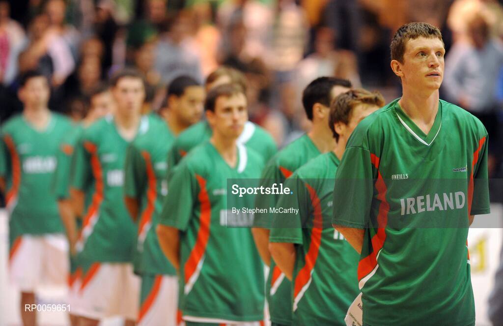 10 September 2008; The Ireland squad during the National Anthems. Senior Men's Basketball European Championship - Division B - Group C - Ireland v Georgia, National Basketball Arena, Tallaght, Dublin. Picture credit: Stephen McCarthy / SPORTSFILE