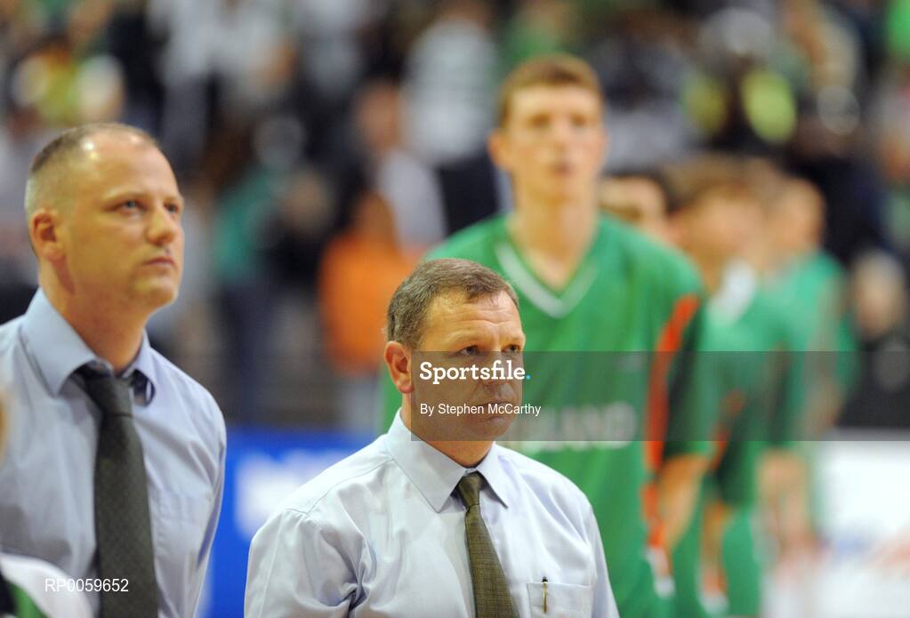 10 September 2008; Ireland Assistant coaches Pat Price, left, and Mark Keenan stand for the National Anthems ahead of the game. Senior Men's Basketball European Championship - Division B - Group C - Ireland v Georgia, National Basketball Arena, Tallaght, Dublin. Picture credit: Stephen McCarthy / SPORTSFILE