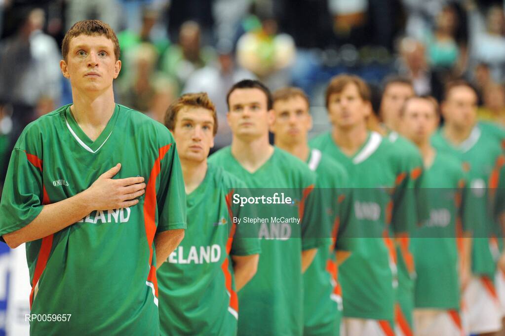 10 September 2008; The Ireland squad during the national anthems. Senior Men's Basketball European Championship - Division B - Group C - Ireland v Georgia, National Basketball Arena, Tallaght, Dublin. Picture credit: Stephen McCarthy / SPORTSFILE