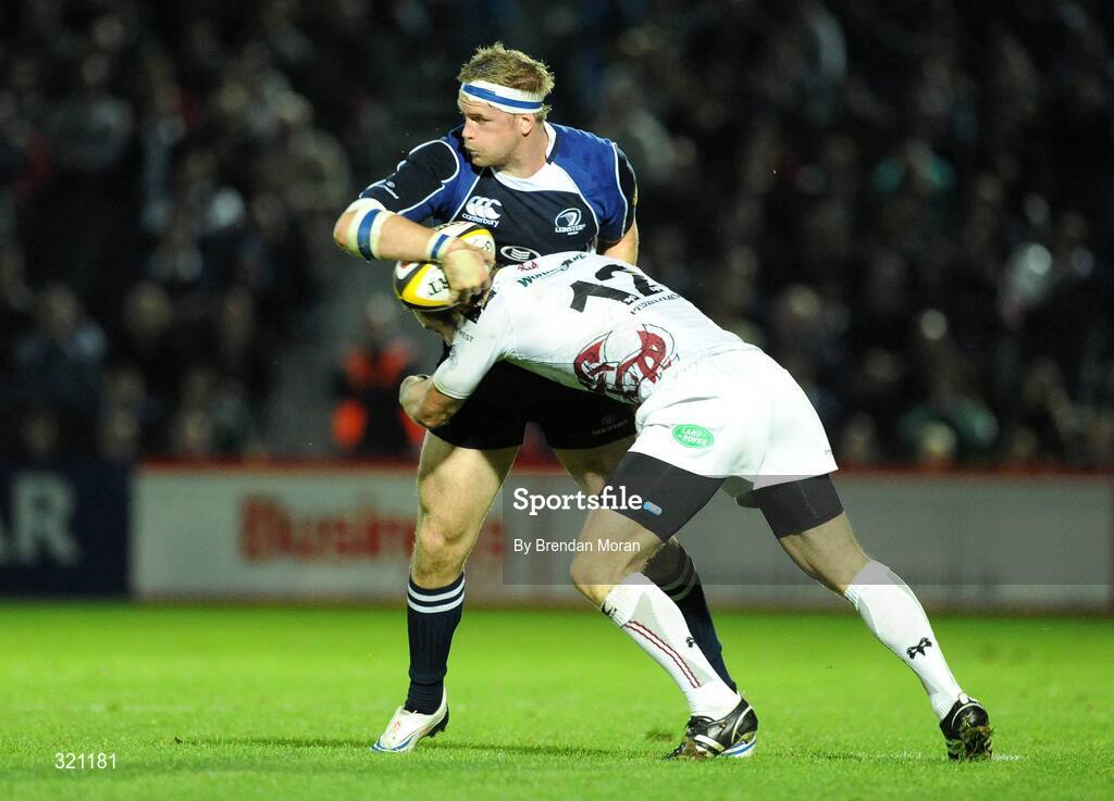 19 September 2008; Jamie Heaslip, Leinster, is tackled by Andrew Bishop, Ospreys. Magners League, Leinster v Neath Swansea Ospreys, RDS, Dublin. Picture credit: Brendan Moran / SPORTSFILE