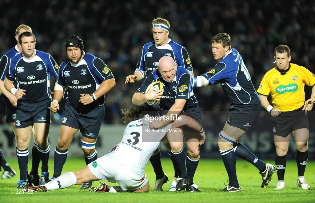 19 September 2008; Bernard Jackman, Leinster, supported by team-mates Shane Jennings, Stan Wright, Jamie Heaslip and Malcolm O'Kelly, is tackled by Adam Jones, Ospreys. Magners League, Leinster v Neath Swansea Ospreys, RDS, Dublin. Picture credit: Brendan Moran / SPORTSFILE