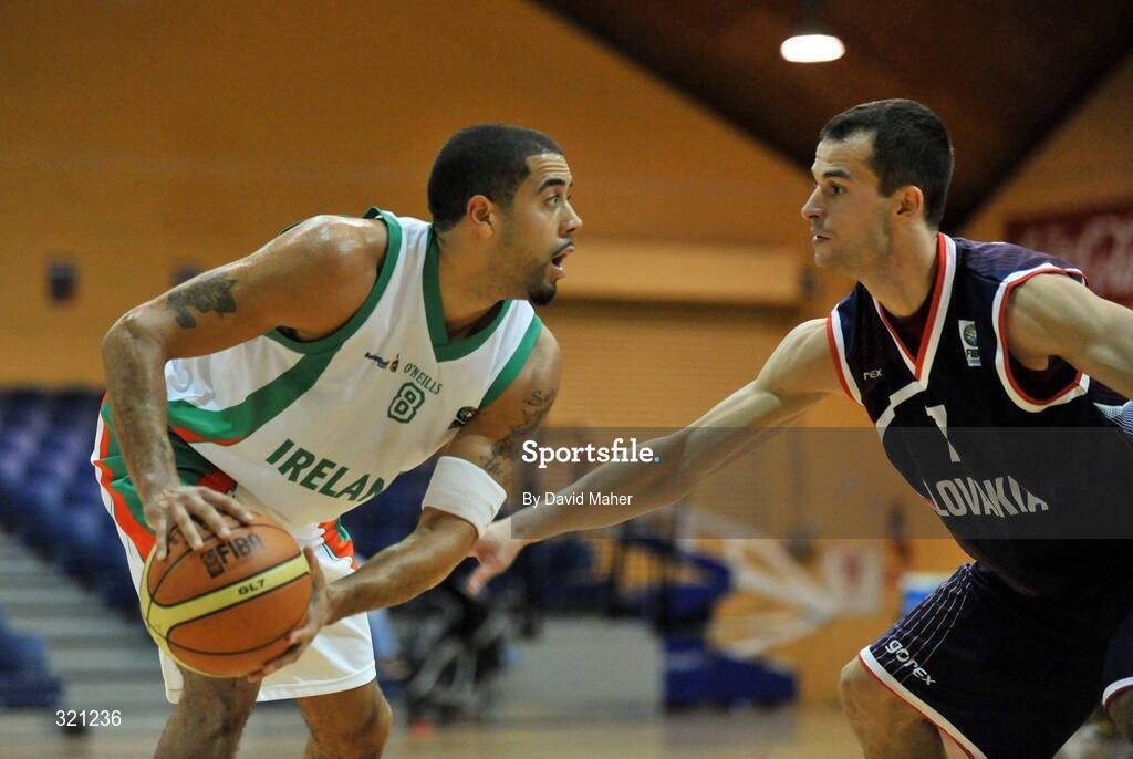 20 September 2008; Chris Bracey, Ireland, in action against  Vladimir Hovanak, Slovakia. Senior Men's Basketball European Championship - Division B - Group C - Ireland v Slovakia, National Basketball Arena, Tallaght, Dublin. Picture credit: David Maher / SPORTSFILE