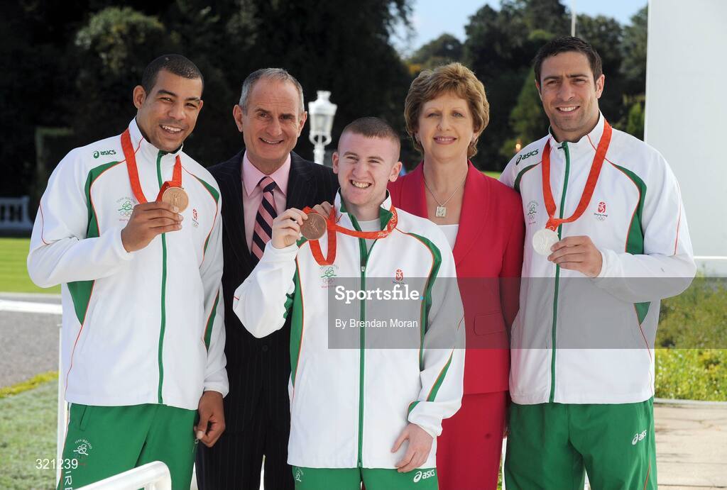 20 September 2008; Irish Olympic medallists Darren Sutherland, left, Paddy Barnes and Kenny Egan, right, with President Mary McAleese and Dr. Martin McAleese during a reception for the Irish athletes, coaches and officials who represented Ireland at the Beijing Olympics, hosted by President Mary McAleese at Aras an Uachtaran. Irish Olympians visit Aras an Uachtarain, Phoenix Park, Dublin. Picture credit: Brendan Moran / SPORTSFILE