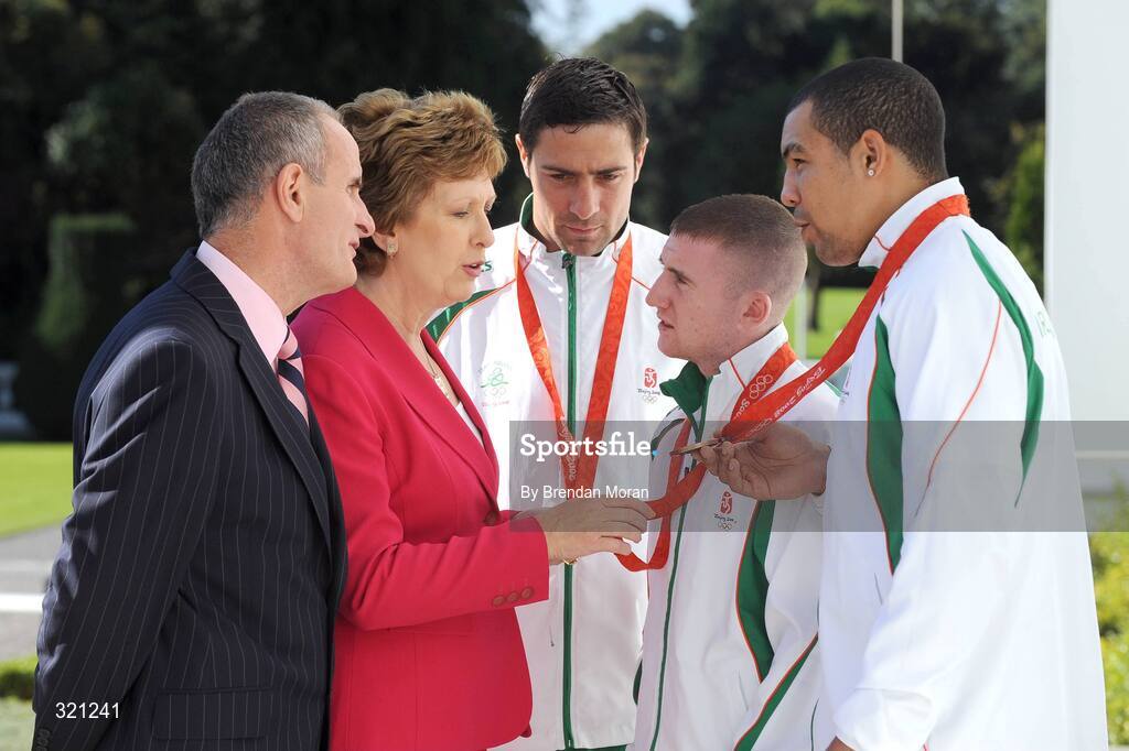 20 September 2008; Irish Olympic medallists Darren Sutherland, right, Paddy Barnes and Kenny Egan, centre, with President Mary McAleese and Dr. Martin McAleese during a reception for the Irish athletes, coaches and officials who represented Ireland at the Beijing Olympics, hosted by President Mary McAleese at Aras an Uachtaran. Irish Olympians visit Aras an Uachtarain, Phoenix Park, Dublin. Picture credit: Brendan Moran / SPORTSFILE