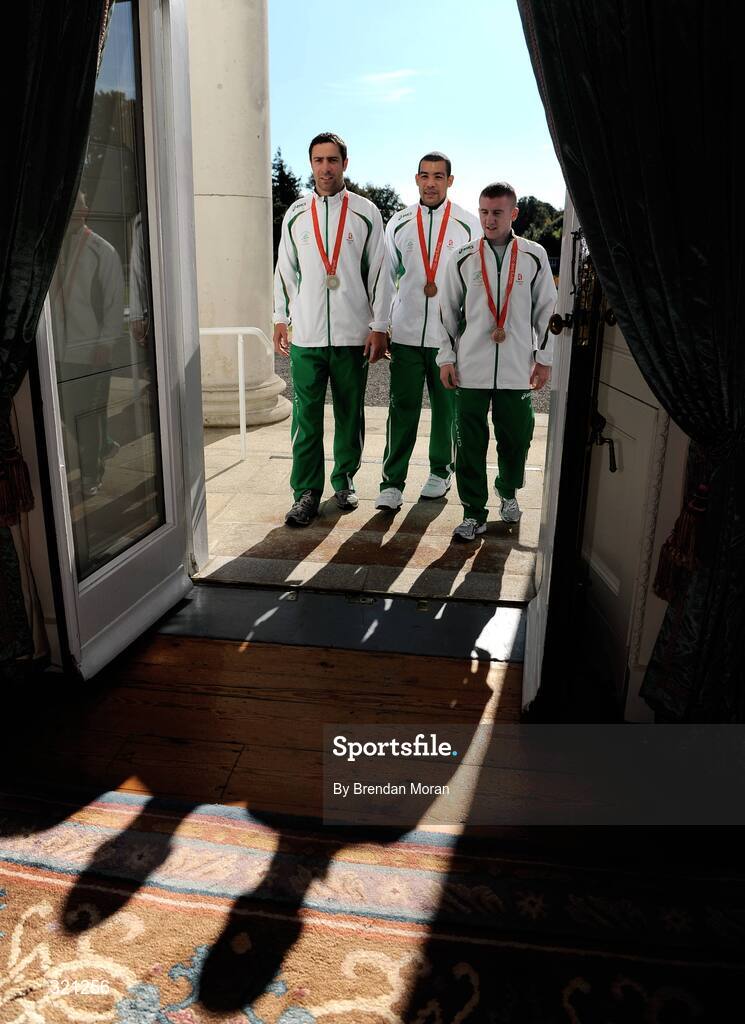 20 September 2008; Irish Olympic medallists Kenny Egan, left, Darren Sutherland, centre, and Paddy Barnes during a reception for the Irish athletes, coaches and officials who represented Ireland at the Beijing Olympics, hosted by President Mary McAleese at Aras an Uachtaran. Irish Olympians visit Aras an Uachtarain, Phoenix Park, Dublin. Picture credit: Brendan Moran / SPORTSFILE