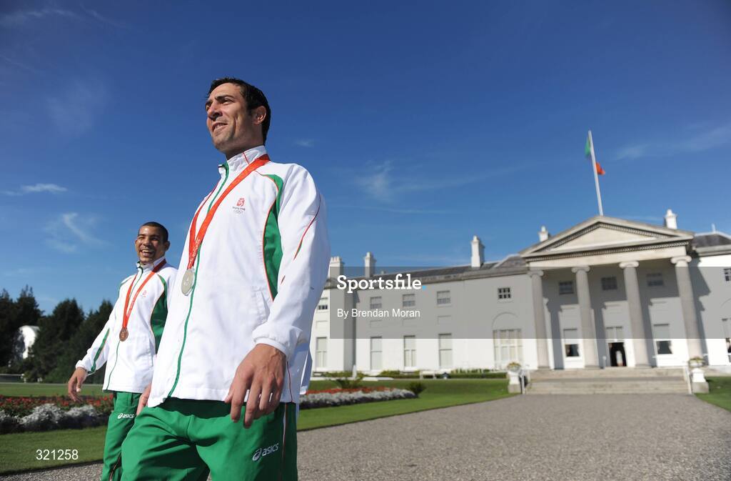 20 September 2008; Irish Olympic medallists Darren Sutherland, left, and Kenny Egan in the grounds of Aras an Uachtaran during a reception for the Irish athletes, coaches and officials who represented Ireland at the Beijing Olympics, hosted by President Mary McAleese at Aras an Uachtaran. Irish Olympians visit Aras an Uachtarain, Phoenix Park, Dublin. Picture credit: Brendan Moran / SPORTSFILE