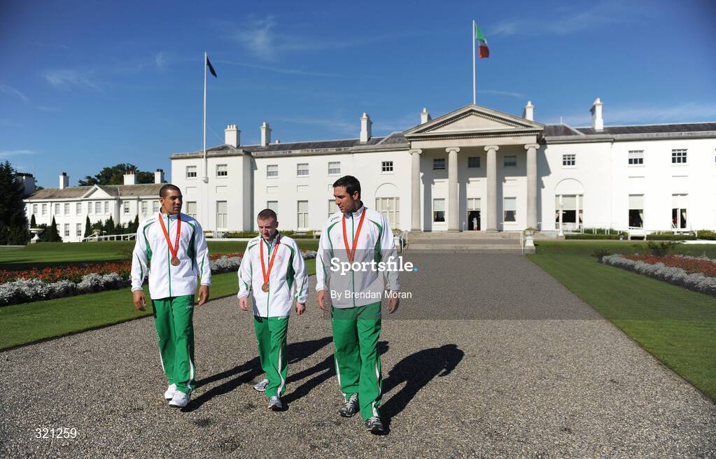 20 September 2008; Irish Olympic medallists Darren Sutherland, left, Paddy Barnes, centre, and Kenny Egan in the grounds of Aras an Uachtaran during a reception for the Irish athletes, coaches and officials who represented Ireland at the Beijing Olympics, hosted by President Mary McAleese at Aras an Uachtaran. Irish Olympians visit Aras an Uachtarain, Phoenix Park, Dublin. Picture credit: Brendan Moran / SPORTSFILE