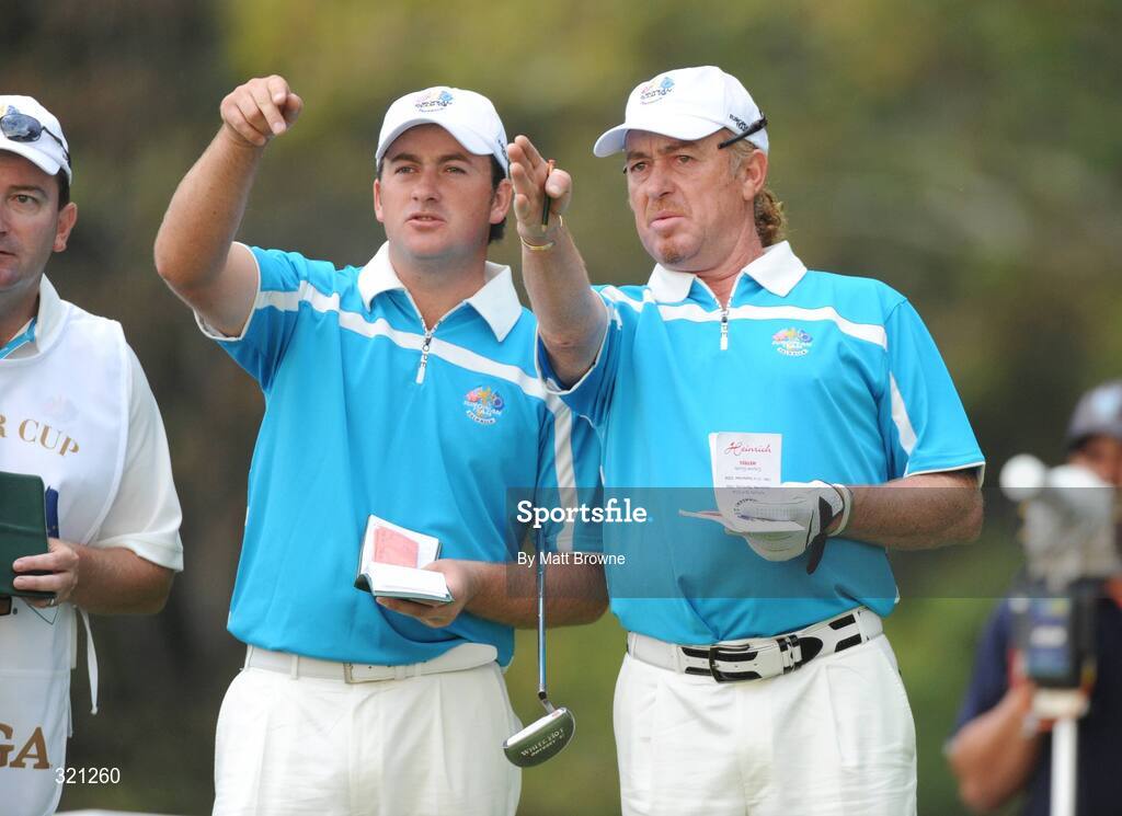20 September 2008; Graeme McDowell and Miguel Angel Jimenez, Team Europe 2008, on the 4th tee box during the morning foursome. 37th Ryder Cup, Valhalla Golf Club, Louisville, Kentucky, USA. Picture credit: Matt Browne / SPORTSFILE