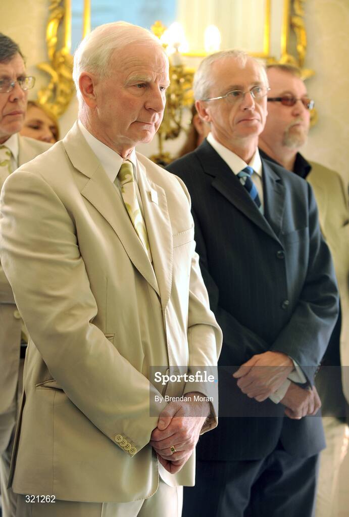 20 September 2008; President of the Olympic Council of Ireland Pat Hickey, left, alongside John Treacy, Chief Executive of the Irish Sports Council, during a reception for the Irish athletes, coaches and officials who represented Ireland at the Beijing Olympics, hosted by President Mary McAleese at Aras an Uachtaran. Irish Olympians visit Aras an Uachtarain, Phoenix Park, Dublin. Picture credit: Brendan Moran / SPORTSFILE