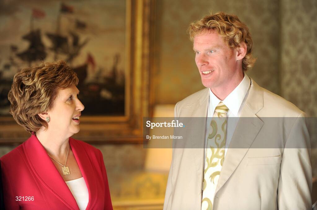 20 September 2008; Irish rower Sean Casey in conversation with President Mary McAleese during a reception for the Irish athletes, coaches and officials who represented Ireland at the Beijing Olympics, hosted by President Mary McAleese at Aras an Uachtaran. Irish Olympians visit Aras an Uachtarain, Phoenix Park, Dublin. Picture credit: Brendan Moran / SPORTSFILE