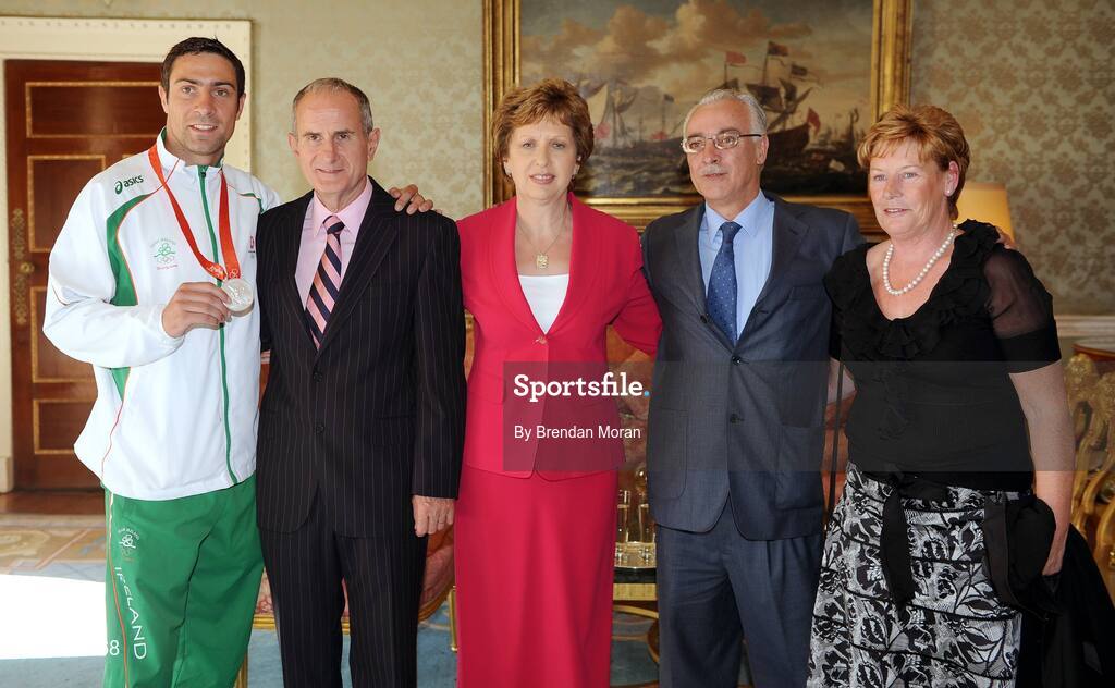 20 September 2008; Irish olympic boxer Kenny Egan and his parents Maura and Paul with President Mary McAleese and Dr. Martin McAleese during a reception for the Irish athletes, coaches and officials who represented Ireland at the Beijing Olympics, hosted by President Mary McAleese at Aras an Uachtaran. Irish Olympians visit Aras an Uachtarain, Phoenix Park, Dublin. Picture credit: Brendan Moran / SPORTSFILE