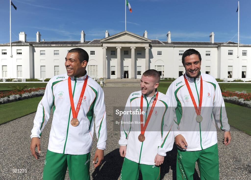 20 September 2008; Irish olympic boxers Darren Sutherland, left, Paddy Barnes, centre, and Kenny Egan outside Aras an Uachtarain during a reception for the Irish athletes, coaches and officials who represented Ireland at the Beijing Olympics, hosted by President Mary McAleese at Aras an Uachtaran. Irish Olympians visit Aras an Uachtarain, Phoenix Park, Dublin. Picture credit: Brendan Moran / SPORTSFILE