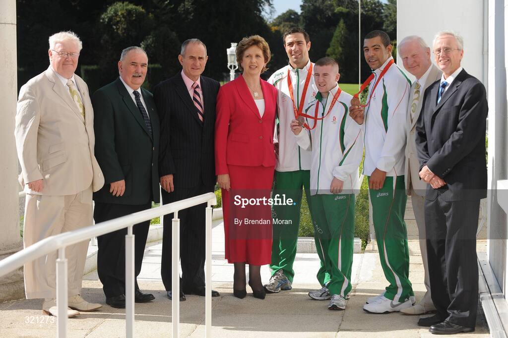 20 September 2008; President Mary McAleese and Dr. Martin McAleese with members of the Irish olympic team, from left, Dermot Henihan, Chef De Mission, Dominic O'Rourke, President IABA, Kenny Egan, Paddy Barnes, Darren Sutherland, Pat Hickey, President of the Olympic Council of Ireland and John Treacy, Chief Executive, Irish Sports Council, during a reception for the Irish athletes, coaches and officials who represented Ireland at the Beijing Olympics, hosted by President Mary McAleese at Aras an Uachtaran. Irish Olympians visit Aras an Uachtarain, Phoenix Park, Dublin. Picture credit: Brendan Moran / SPORTSFILE