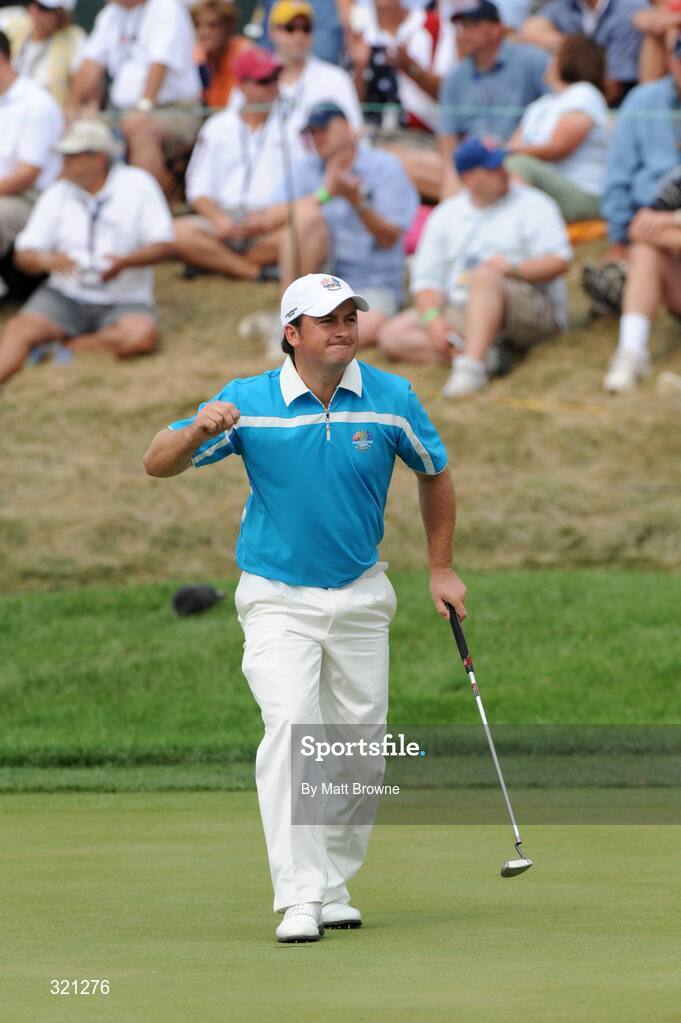 20 September 2008; Graeme McDowell, Team Europe 2008, celebrates his birdie putt on the 18th green to half the match with Justin Leonard and Hunter Mahan, Team USA 2008, during the morning foursome. 37th Ryder Cup, Valhalla Golf Club, Louisville, Kentucky, USA. Picture credit: Matt Browne / SPORTSFILE