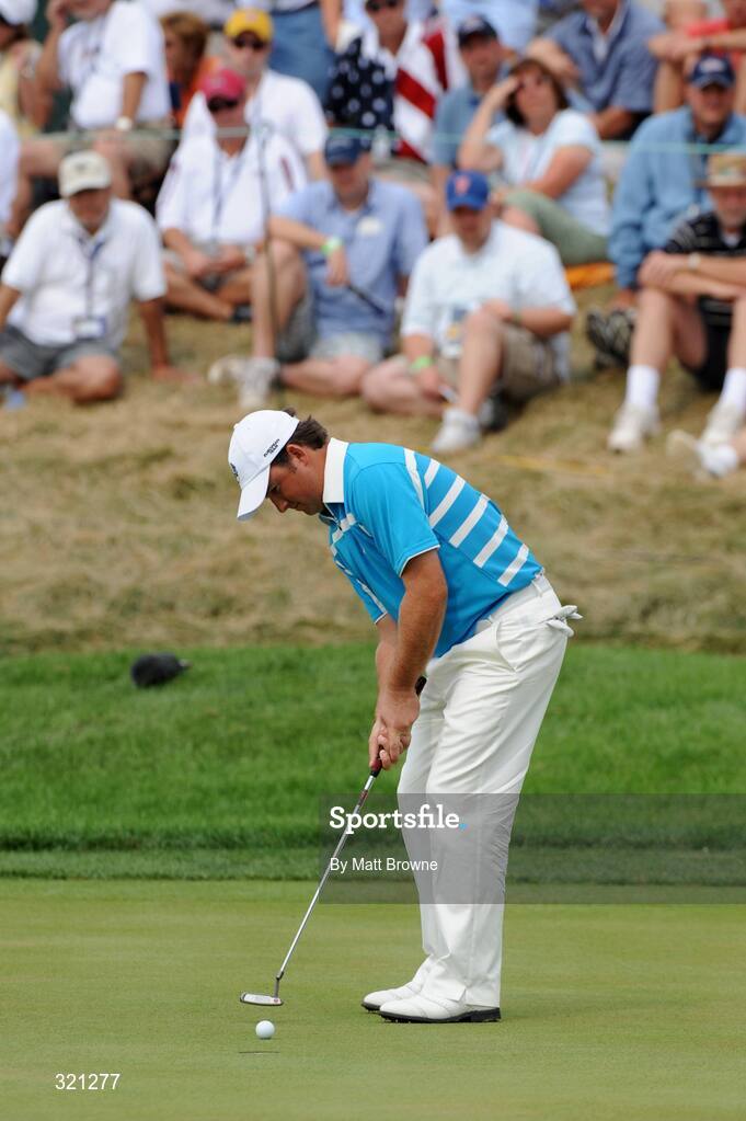 20 September 2008; Graeme McDowell, Team Europe 2008, watches his birdie putt on the 18th green to half the match with Justin Leonard and Hunter Mahan, Team USA 2008, during the morning foursome. 37th Ryder Cup, Valhalla Golf Club, Louisville, Kentucky, USA. Picture credit: Matt Browne / SPORTSFILE