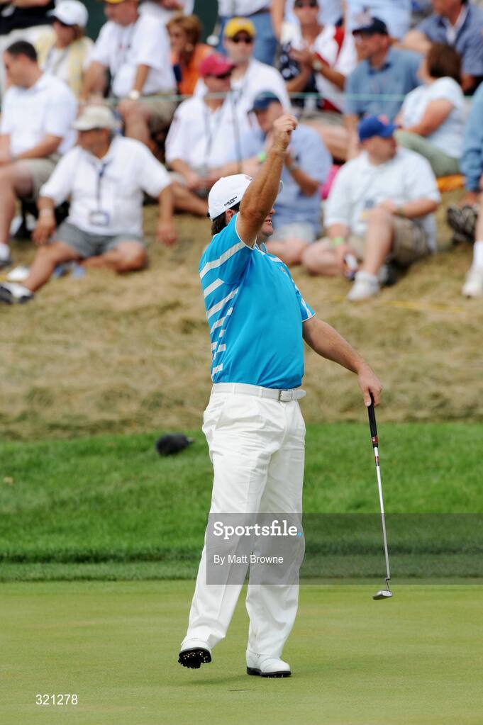 20 September 2008; Graeme McDowell, Team Europe 2008, celebrates his birdie putt on the 18th green to half the match with Justin Leonard and Hunter Mahan, Team USA 2008, during the morning foursome. 37th Ryder Cup, Valhalla Golf Club, Louisville, Kentucky, USA. Picture credit: Matt Browne / SPORTSFILE