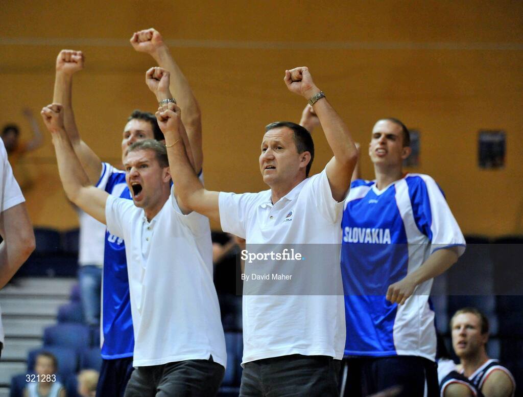 20 September 2008; Members of the Slovakia basketball staff celebrate victory over Ireland at the end of the game . Senior Men's Basketball European Championship - Division B - Group C - Ireland v Slovakia, National Basketball Arena, Tallaght, Dublin. Picture credit: David Maher / SPORTSFILE