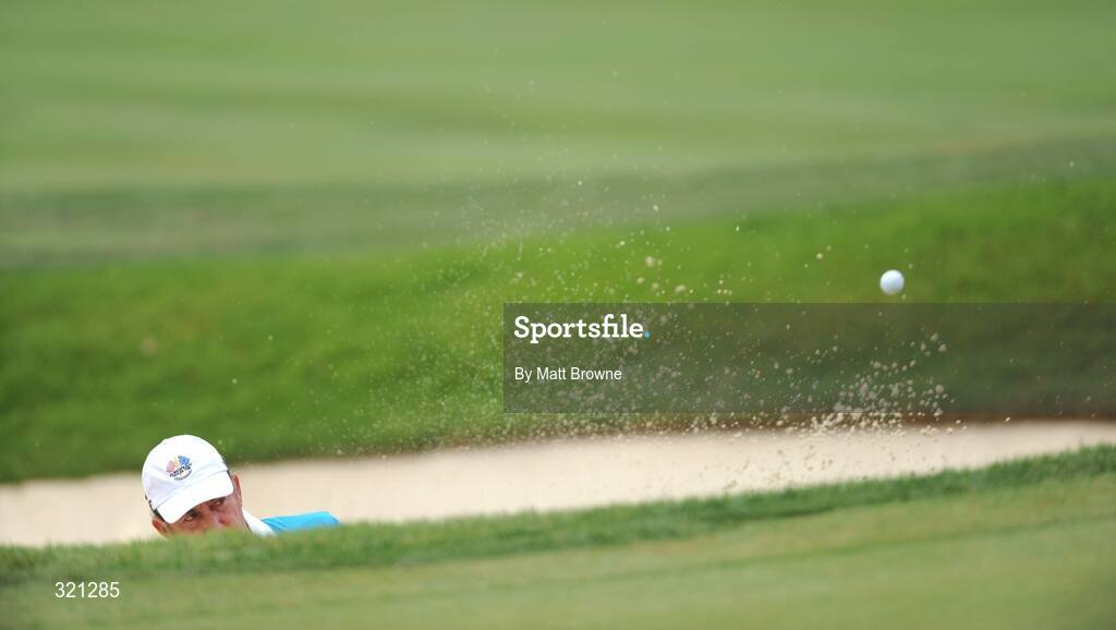 20 September 2008; Miguel Angel Jimenez, Team Europe 2008, plays from the bunker onto the 18th green during the morning foursome. 37th Ryder Cup, Valhalla Golf Club, Louisville, Kentucky, USA. Picture credit: Matt Browne / SPORTSFILE
