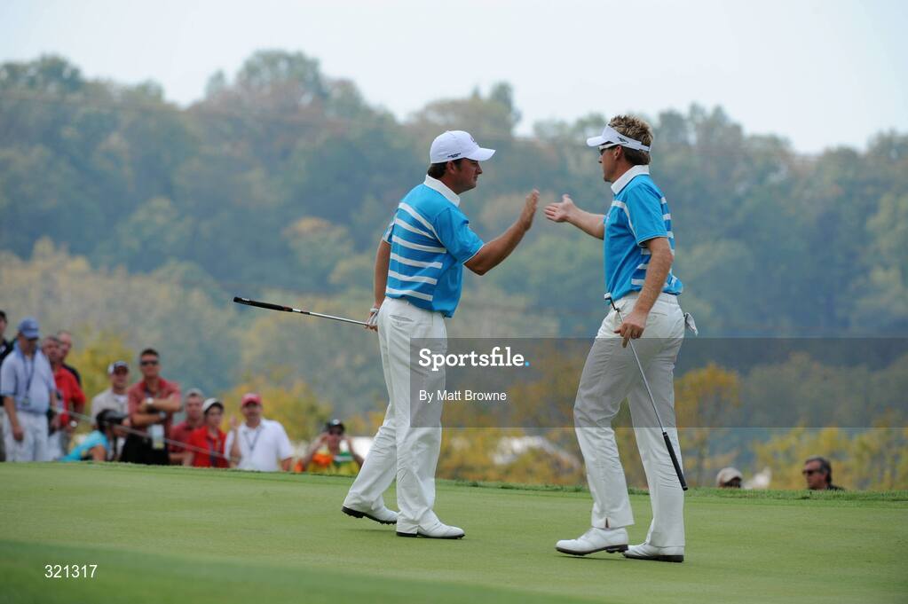 20 September 2008; Graeme McDowell and Ian Poulter, Team Europe 2008, celebrate winning the 9th hole with a birdie during the afternoon four-ball. 37th Ryder Cup, Valhalla Golf Club, Louisville, Kentucky, USA. Picture credit: Matt Browne / SPORTSFILE