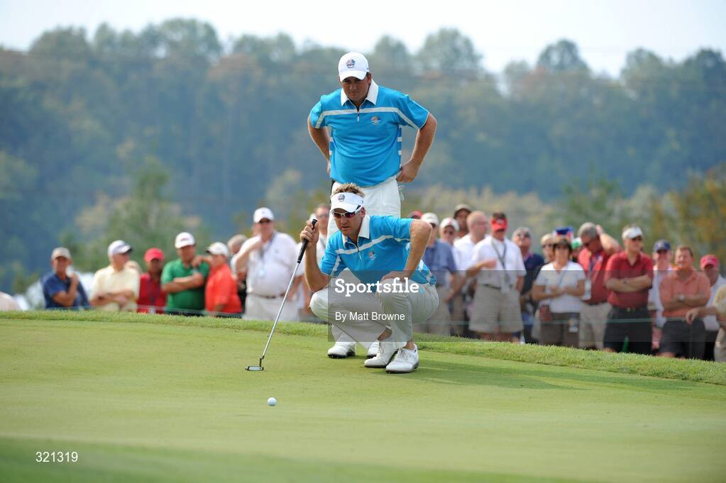 20 September 2008; Ian Poulter and Graeme McDowell, Team Europe 2008, line up a birdie putt on the 9th hole during the afternoon four-ball. 37th Ryder Cup, Valhalla Golf Club, Louisville, Kentucky, USA. Picture credit: Matt Browne / SPORTSFILE