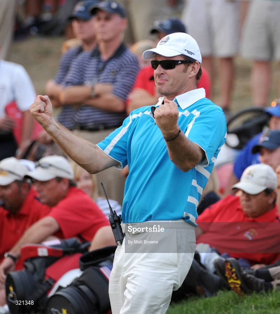 20 September 2008; Nick Faldo celebrates the win of Graeme McDowell and Ian Poulter, Team Europe 2008,  over Kenny Perry and Jim Furyk, Team USA 2008, on the 18th green during the afternoon four-ball. 37th Ryder Cup, Valhalla Golf Club, Louisville, Kentucky, USA. Picture credit: Matt Browne / SPORTSFILE