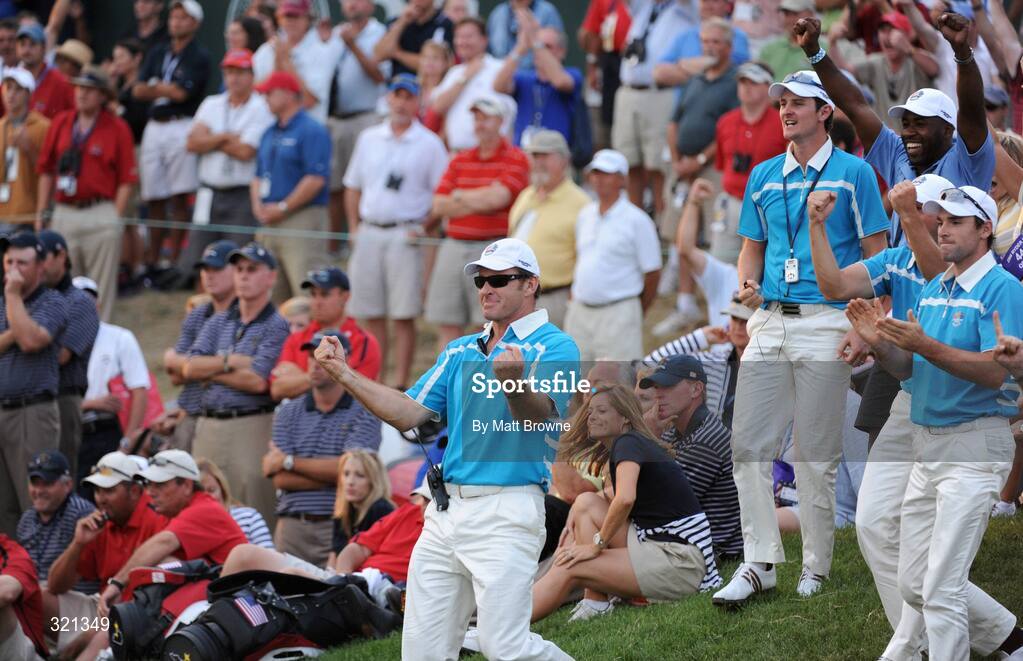 20 September 2008; Nick Faldo celebrates the win of Graeme McDowell and Ian Poulter, Team Europe 2008,  over Kenny Perry and Jim Furyk, Team USA 2008, on the 18th green during the afternoon four-ball. 37th Ryder Cup, Valhalla Golf Club, Louisville, Kentucky, USA. Picture credit: Matt Browne / SPORTSFILE