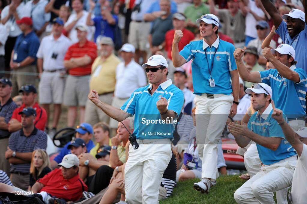 20 September 2008; Nick Faldo celebrates the win of Graeme McDowell and Ian Poulter, Team Europe 2008,  over Kenny Perry and Jim Furyk, Team USA 2008, on the 18th green during the afternoon four-ball. 37th Ryder Cup, Valhalla Golf Club, Louisville, Kentucky, USA. Picture credit: Matt Browne / SPORTSFILE