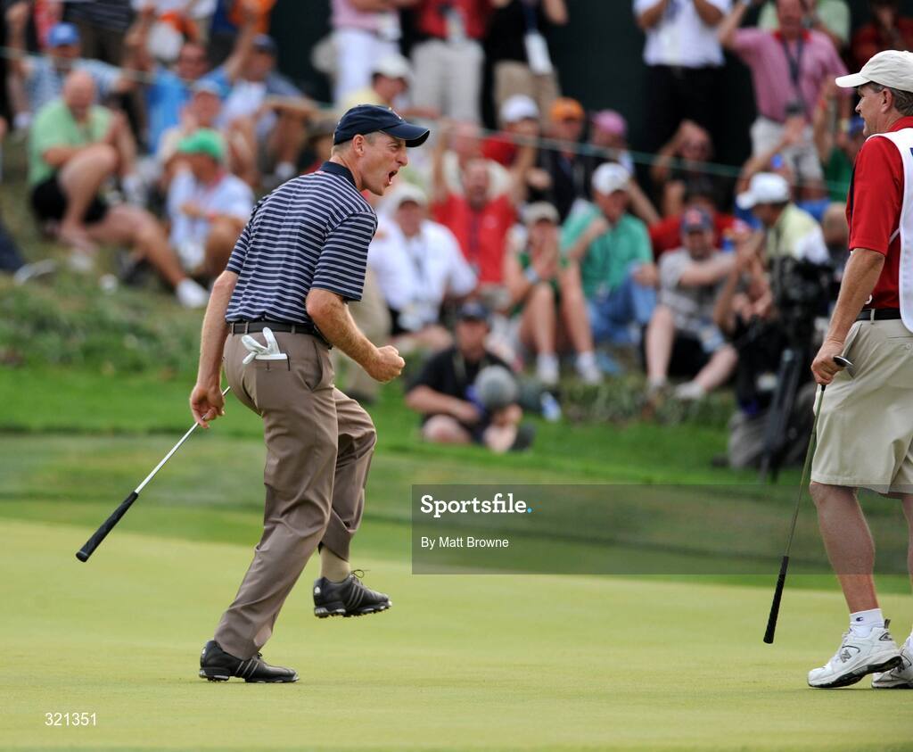 20 September 2008; Jim Furyk, Team USA 2008, celebrates his birdie putt on the 17th green during the afternoon four-ball. 37th Ryder Cup, Valhalla Golf Club, Louisville, Kentucky, USA. Picture credit: Matt Browne / SPORTSFILE