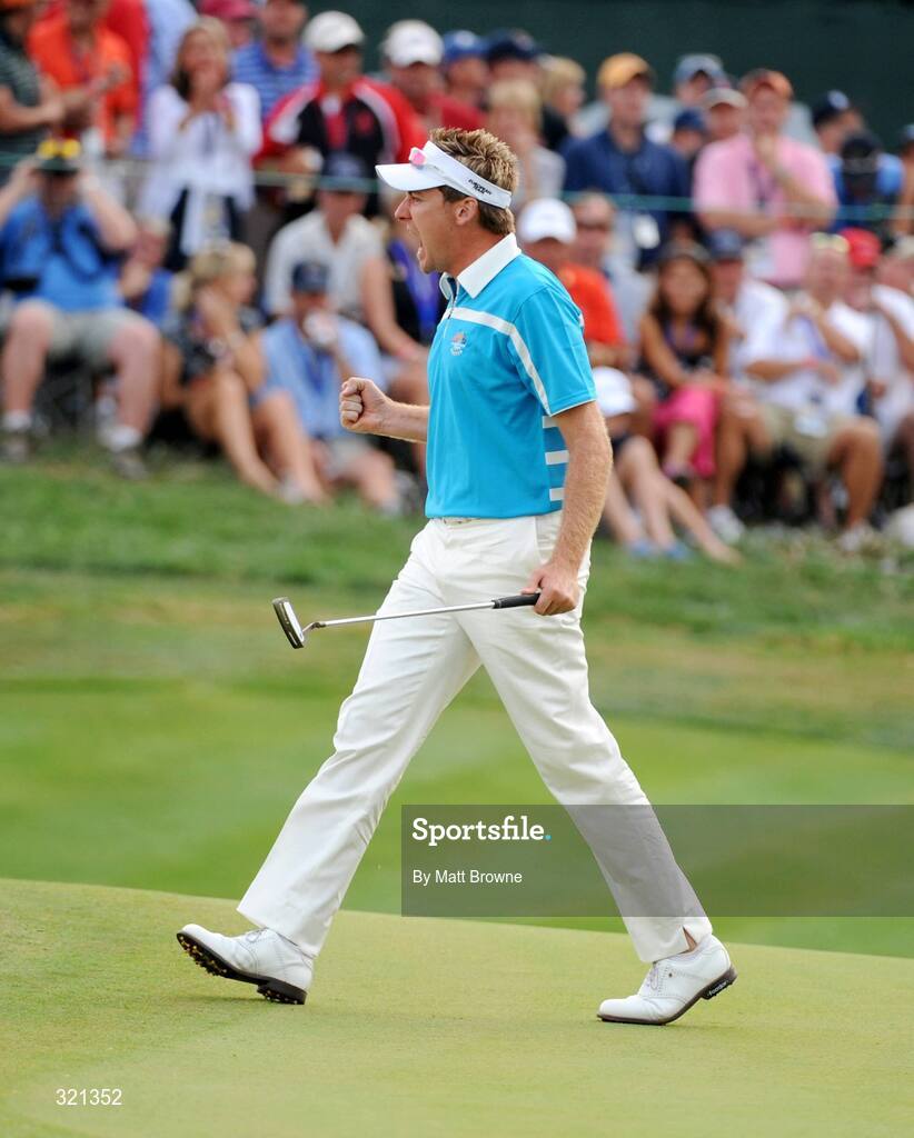 20 September 2008; Ian Poulter, Team Europe 2008, celebrates his birdie putt on the 17th green during the afternoon four-ball. 37th Ryder Cup, Valhalla Golf Club, Louisville, Kentucky, USA. Picture credit: Matt Browne / SPORTSFILE