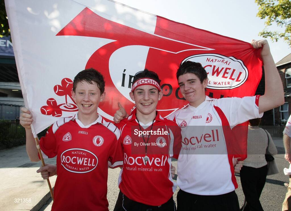 21 September 2008; Tyrone supporters Owen Brannigan, Conleath McGeary, and Daniel Mooney before the GAA Football All-Ireland Senior Championship Final, Kerry v Tyrone, Croke Park, Dublin. Picture credit: Oliver McVeigh / SPORTSFILE