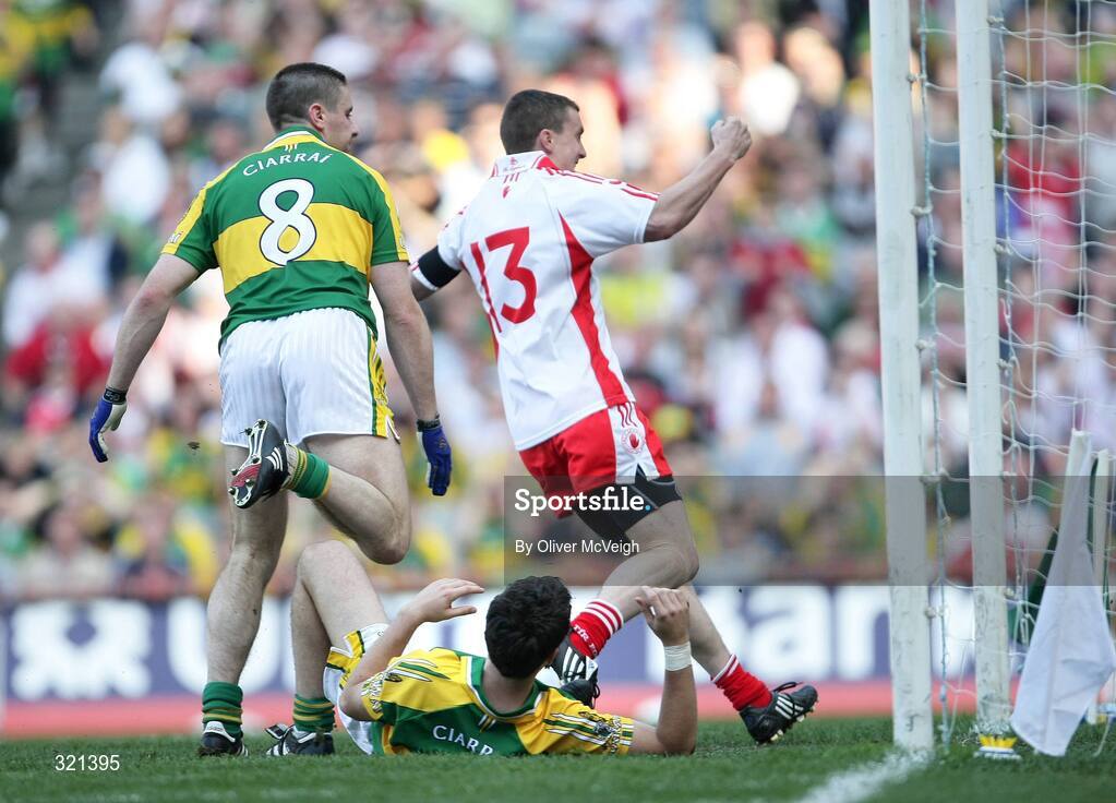 21 September 2008; Tommy McGuigan, Tyrone, no.13, celebrates after scoring his side's first goal. GAA Football All-Ireland Senior Championship Final, Kerry v Tyrone, Croke Park, Dublin. Picture credit: Oliver McVeigh / SPORTSFILE
