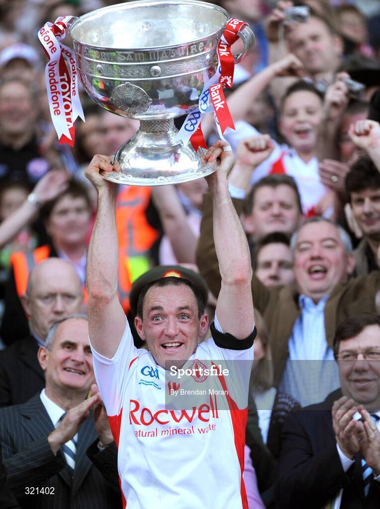 21 September 2008; Tyrone captain Brian Dooher lifts the Sam Maguire Cup after victory over Kerry. GAA Football All-Ireland Senior Championship Final, Kerry v Tyrone, Croke Park, Dublin. Picture credit: Brendan Moran / SPORTSFILE