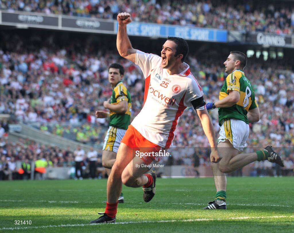21 September 2008; Tyrone's Ryan Mellon celebrates after scoring a point during the second half of the game. GAA Football All-Ireland Senior Championship Final, Kerry v Tyrone, Croke Park, Dublin. Picture credit: David Maher / SPORTSFILE