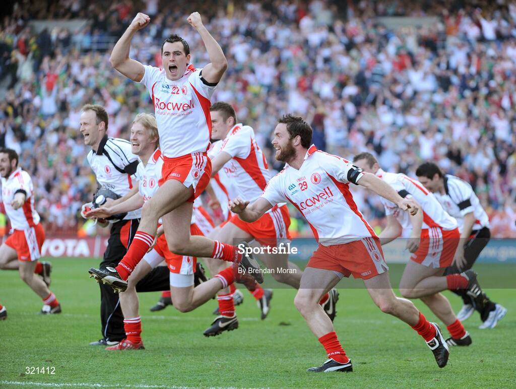 21 September 2008; Tyrone substitutes Cathal McCarron, left, and Martin Penrose celebrate victory at the final whistle. GAA Football All-Ireland Senior Championship Final, Kerry v Tyrone, Croke Park, Dublin. Picture credit: Brendan Moran / SPORTSFILE