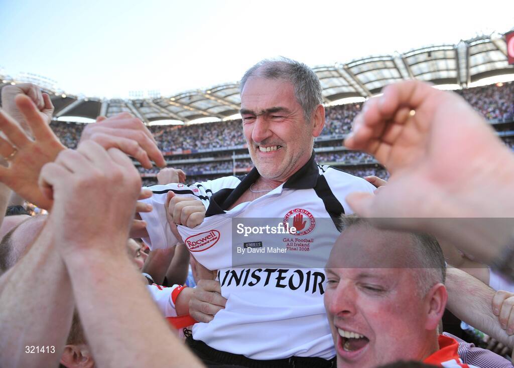 21 September 2008; Tyrone manager Mickey Harte celebrates at the end of the game. GAA Football All-Ireland Senior Championship Final, Kerry v Tyrone, Croke Park, Dublin. Picture credit: David Maher / SPORTSFILE