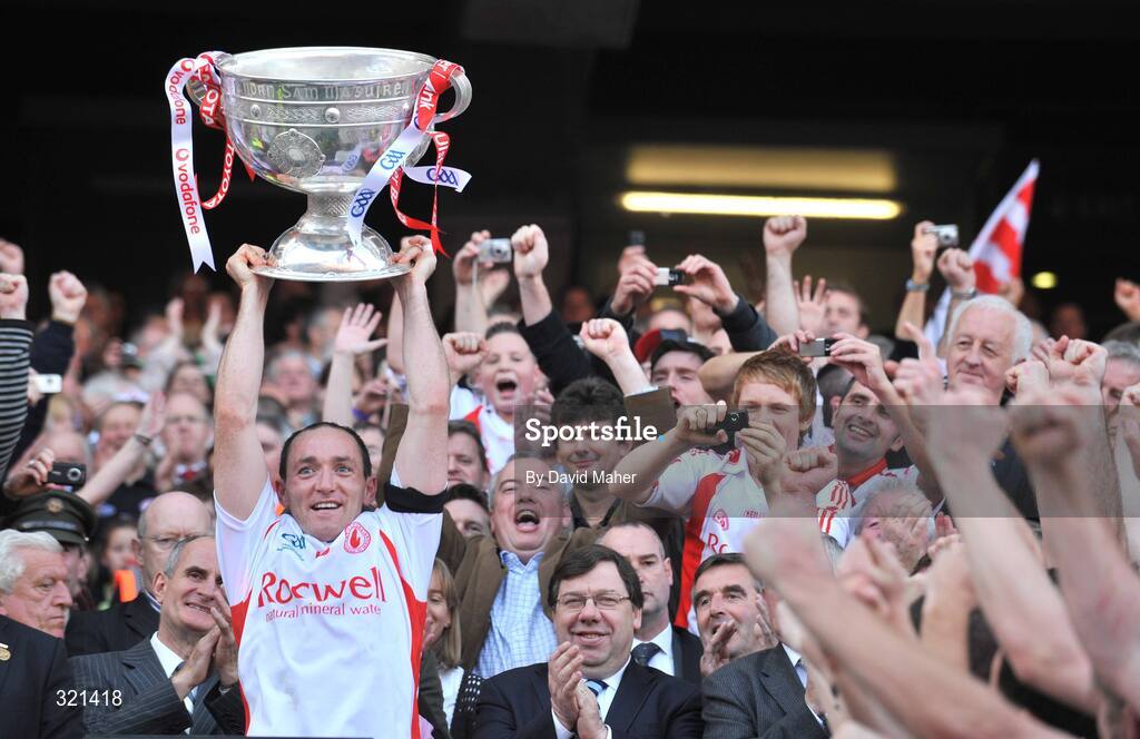 21 September 2008; Tyrone captain Brian Dooher lifts the Sam Maguire Cup after victory over Kerry. GAA Football All-Ireland Senior Championship Final, Kerry v Tyrone, Croke Park, Dublin. Picture credit: David Maher / SPORTSFILE