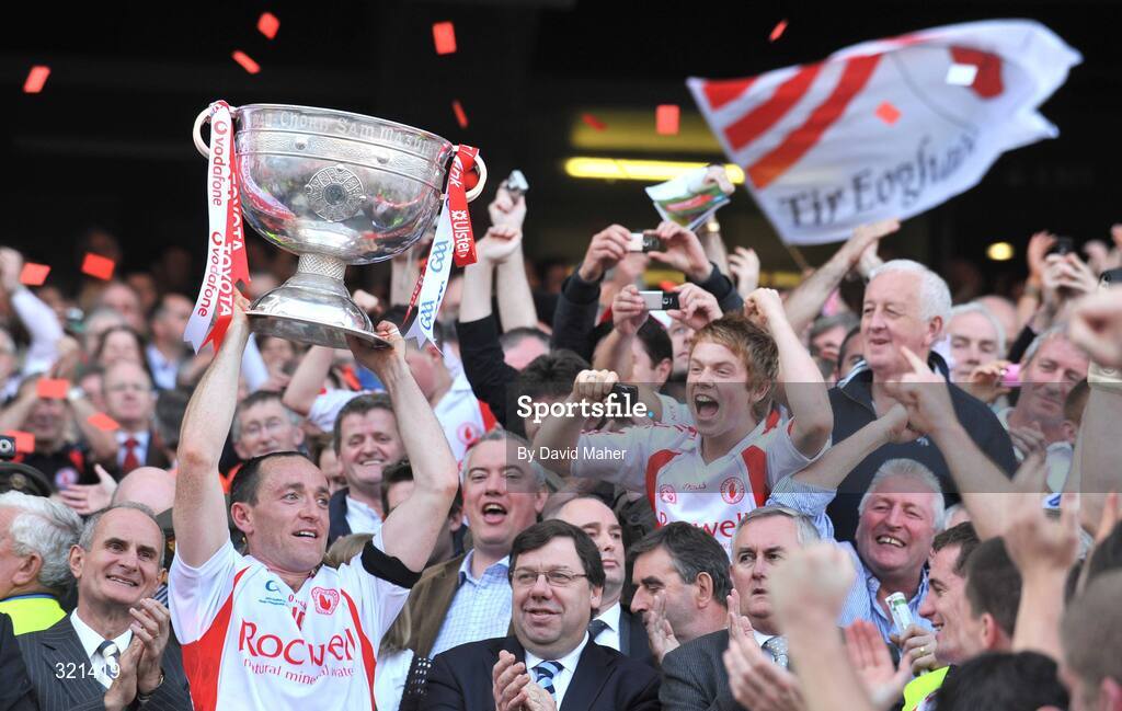 21 September 2008; Tyrone captain Brian Dooher lifts the Sam Maguire Cup after victory over Kerry. GAA Football All-Ireland Senior Championship Final, Kerry v Tyrone, Croke Park, Dublin. Picture credit: David Maher / SPORTSFILE