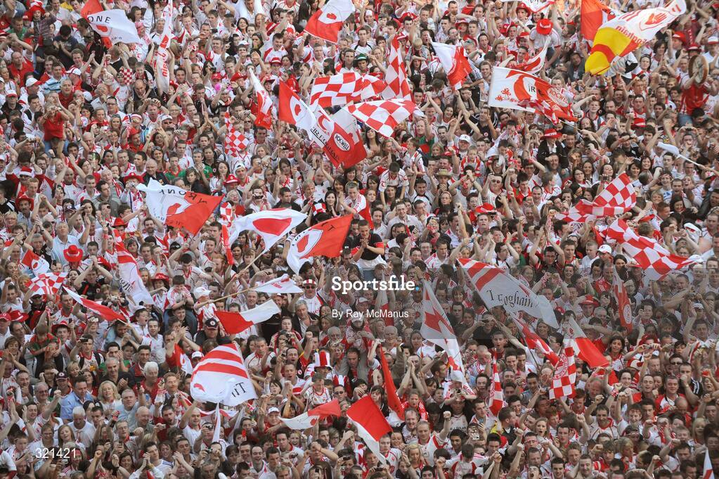 21 September 2008; Tyrone supporters celebrate victory, on the pitch, during the presentation. GAA Football All-Ireland Senior Championship Final, Kerry v Tyrone, Croke Park, Dublin. Picture credit: Ray McManus / SPORTSFILE
