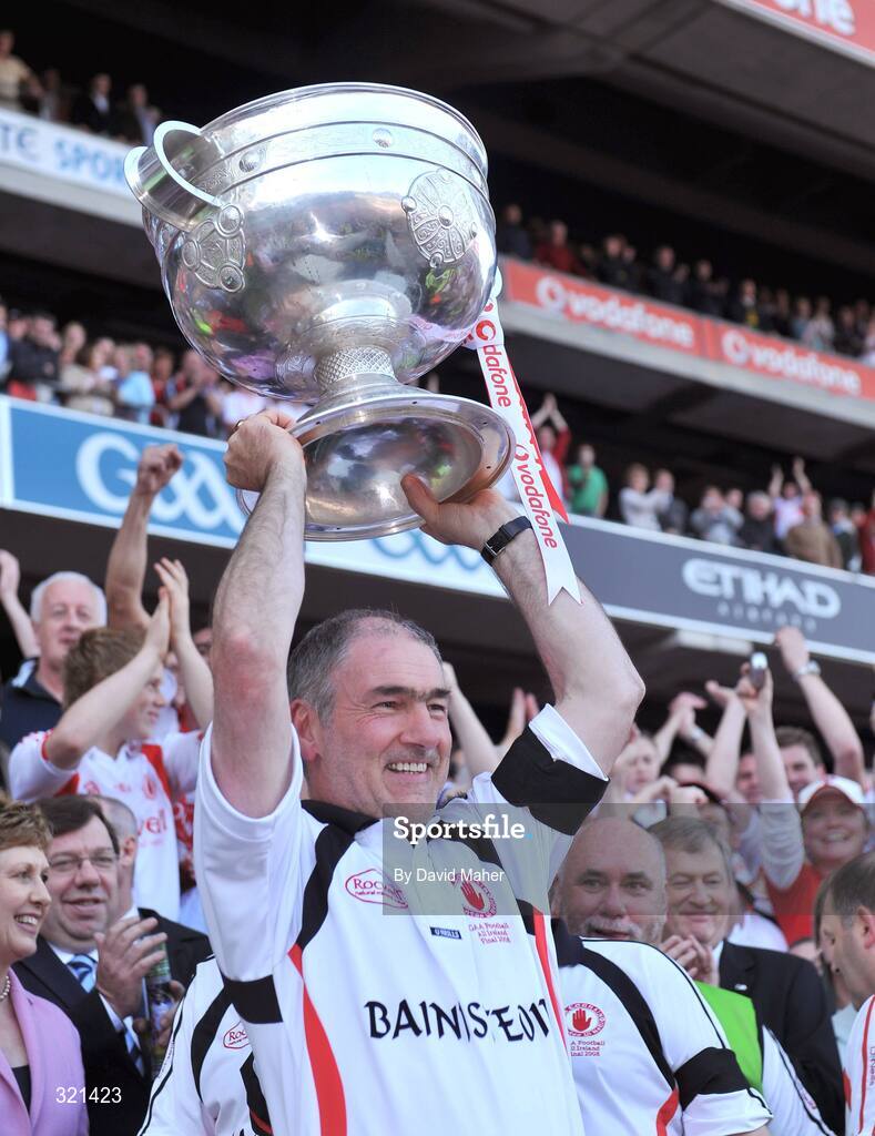 21 September 2008; Tyrone manager Mickey Harte lifts the Sam Maguire Cup after victory over Kerry. GAA Football All-Ireland Senior Championship Final, Kerry v Tyrone, Croke Park, Dublin. Picture credit: David Maher / SPORTSFILE
