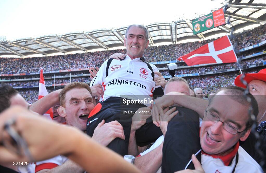 21 September 2008; Tyrone manager Mickey Harte is lifted shoulder high by supporters at the end of the game. GAA Football All-Ireland Senior Championship Final, Kerry v Tyrone, Croke Park, Dublin. Picture credit: David Maher / SPORTSFILE
