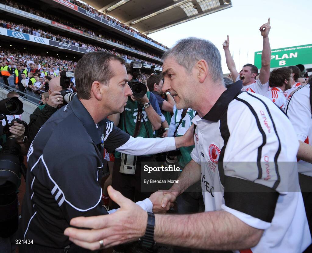 21 September 2008; Tyrone manager Mickey Harte with Kerry manager Pat O'Shea after the game. GAA Football All-Ireland Senior Championship Final, Kerry v Tyrone, Croke Park, Dublin. Picture credit: Brendan Moran / SPORTSFILE