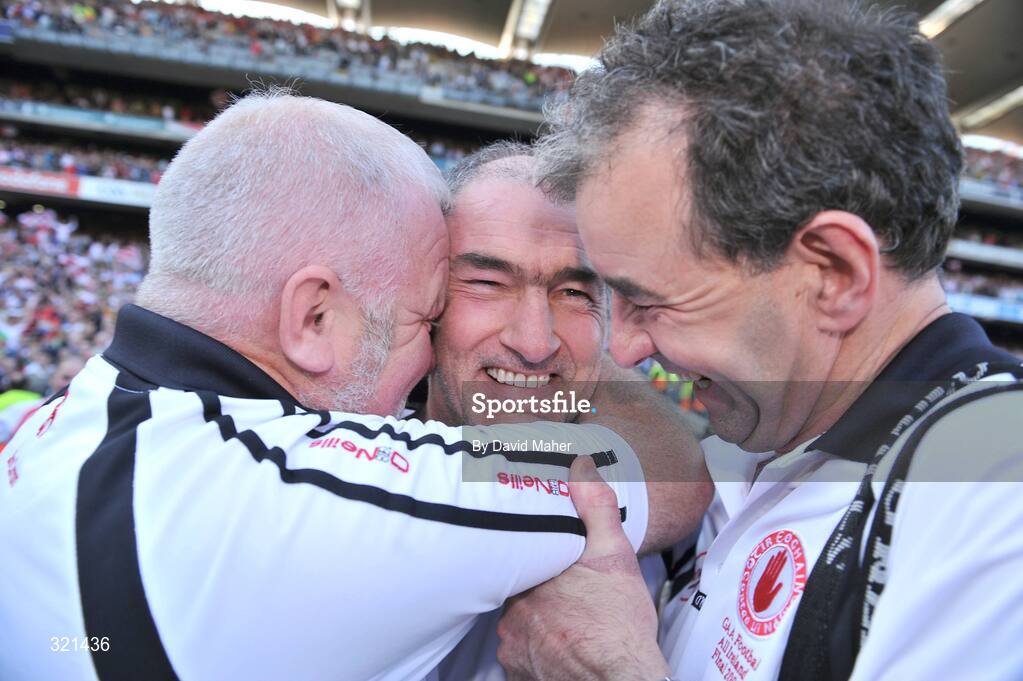 21 September 2008; Tyrone manager Mickey Harte, centre, celebrates at the end of the game with Jim Curran, left, Tyrone Team Coordinator, and Michael McGoldrick, Tyrone Team Liason. GAA Football All-Ireland Senior Championship Final, Kerry v Tyrone, Croke Park, Dublin. Picture credit: David Maher / SPORTSFILE