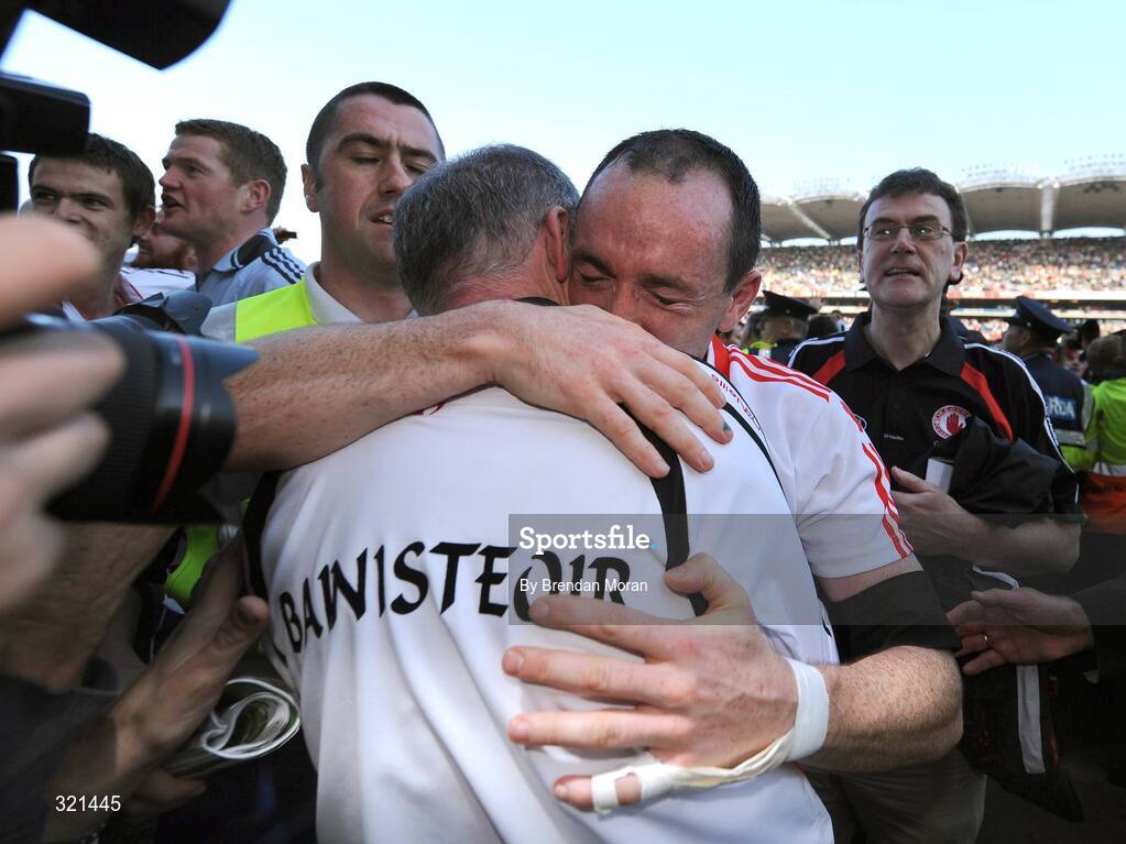 21 September 2008; Tyrone captain Brian Dooher embraces manager Mickey Harte after the game. GAA Football All-Ireland Senior Championship Final, Kerry v Tyrone, Croke Park, Dublin. Picture credit: Brendan Moran / SPORTSFILE
