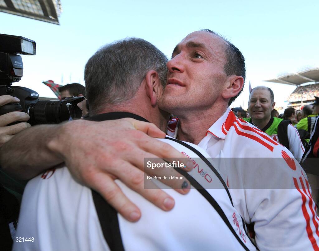 21 September 2008; Tyrone captain Brian Dooher embraces manager Mickey Harte after the game. GAA Football All-Ireland Senior Championship Final, Kerry v Tyrone, Croke Park, Dublin. Picture credit: Brendan Moran / SPORTSFILE