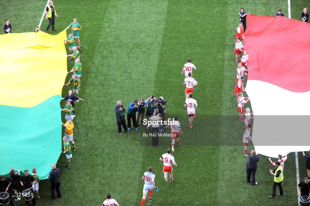21 September 2008; Tyrone captain Brian Dooher leads his team out before the game. GAA Football All-Ireland Senior Championship Final, Kerry v Tyrone, Croke Park, Dublin. Picture credit: Ray McManus / SPORTSFILE