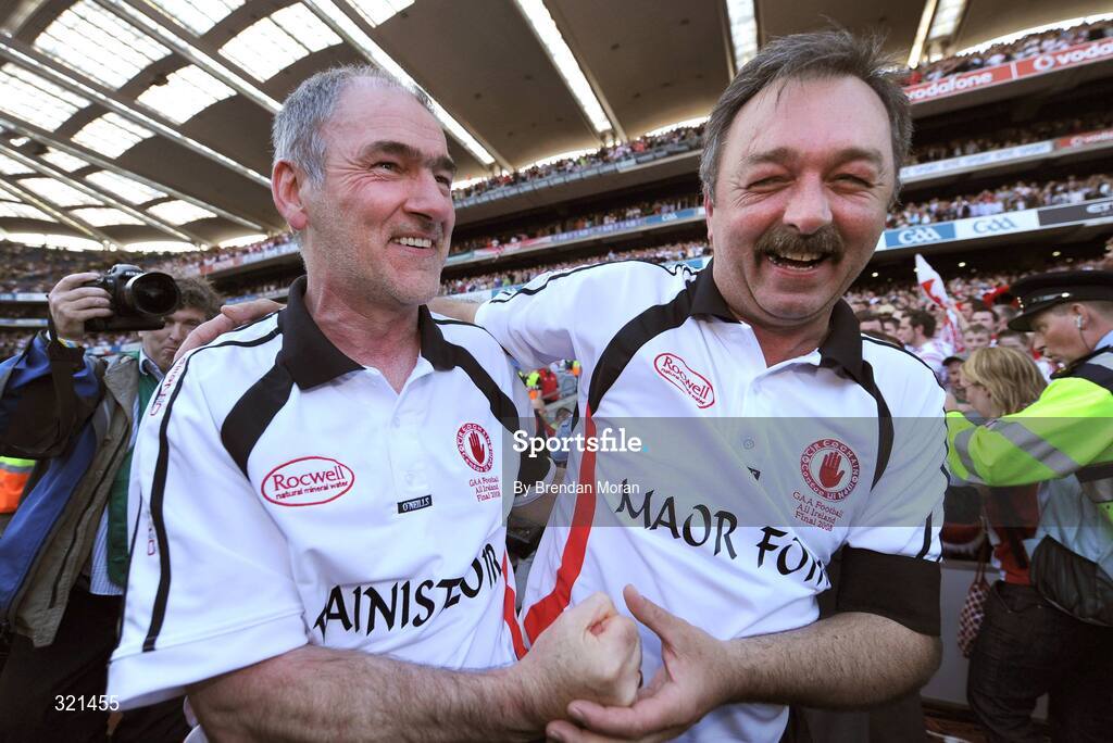 21 September 2008; Tyrone manager Mickey Harte celebrates with assistant Tony Donnelly after the game. GAA Football All-Ireland Senior Championship Final, Kerry v Tyrone, Croke Park, Dublin. Picture credit: Brendan Moran / SPORTSFILE