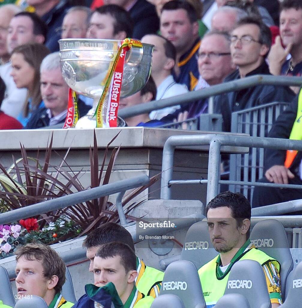 21 September 2008; Paul Galvin, Kerry, sits in the substitutes bench near the Sam Maguire Cup during the game. GAA Football All-Ireland Senior Championship Final, Kerry v Tyrone, Croke Park, Dublin. Picture credit: Brendan Moran / SPORTSFILE
