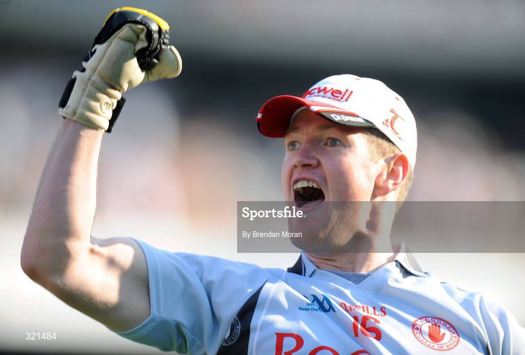 21 September 2008; Tyrone goalkeeper Pascal McConnell celebrates after his side scored their goal at the start of the second half. GAA Football All-Ireland Senior Championship Final, Kerry v Tyrone, Croke Park, Dublin. Picture credit: Brendan Moran / SPORTSFILE