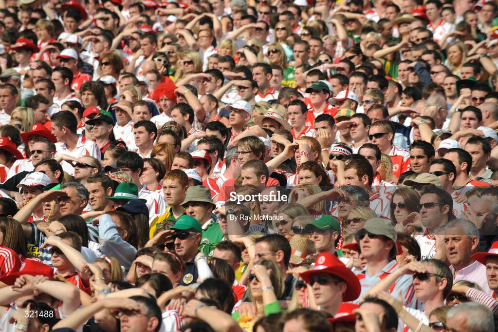 21 September 2008; Supporters of Tyrone and Kerry watch the game from Hill 16. GAA Football All-Ireland Senior Championship Final, Kerry v Tyrone, Croke Park, Dublin. Picture credit: Ray McManus / SPORTSFILE
