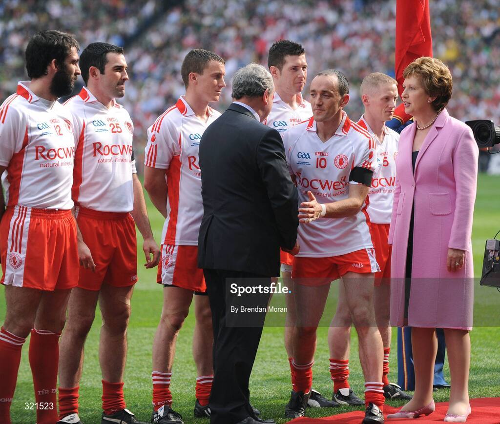 21 September 2008; President Mary McAleese and Nickey Brennan, President of the GAA, meet Tyrone captain Brian Dooher before the game. GAA Football All-Ireland Senior Championship Final, Kerry v Tyrone, Croke Park, Dublin. Picture credit: Brendan Moran / SPORTSFILE
